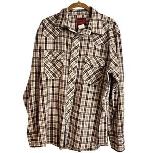 Vintage Rustler Tan Plaid Pearl Snap Western Shirt Long Sleeve X-Long Tail Men L